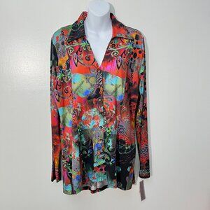 Sno Skins Women's Colorful Abstract Print Long Sleeve Button-Up Blouse Size XL